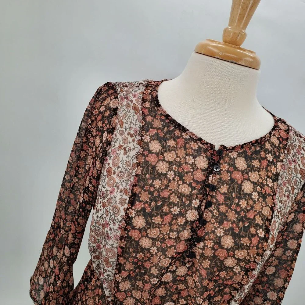 Maurices Womens Bell Sleeve Blouse Top Size‎ M Sheer Button Pink Black Boho